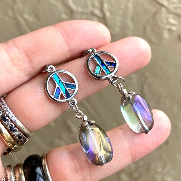 Opal peace earrings . Peace sign & rainbow aura crystal dangly boho earrings - Picture 8 of 10
